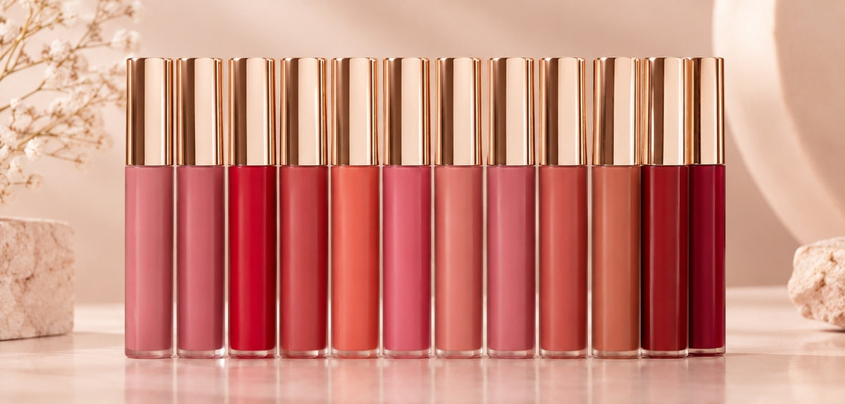 Premium liquid lipstick lineup in nude pink red and berry shades